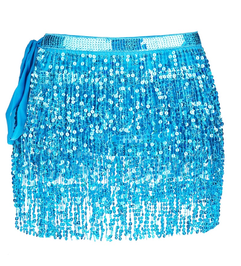 *daisysboutique* Women Belly Dance Skirt Fringe Skirts Sparkly Sequin Hip Scarf Party Costume (One Size, 1 Piece Blue) - Image 1